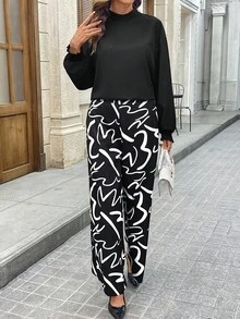 SHEIN LUNE طقم ملابس علوية شيفون + بنطلون واسع الساق بطبعة تجريدية - متعدد الألوان - مشاهدة 6