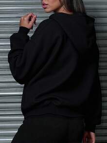 INAWLY 女士字母印花口袋休闲套头连帽卫衣，长袖秋季款 - 黑色 - 查看 2