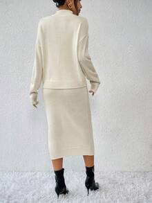 SHEIN Conjunto de 2 piezas de vestido de punto de unicolor casual para mujer - Albaricoque - Ver 2