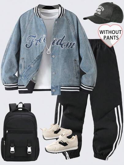 复古水洗宽松休闲字母刺绣棒球牛仔夹克，适合青少年男孩，秋冬季时尚百搭。