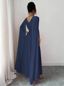 Elenzga 新款褶皱腰带装饰纽扣后腰带设计轻盈连衣裙，优雅大方，适合婚礼、节日、休闲场合 - 寶藍色 - 查看 2