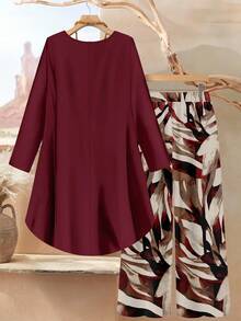 Rusticease 2pcs/Set Burgundy Women Loose Fit Round Neck Long Sleeve Top And Pants Set, Summer/Autumn - Multicolor - View 2