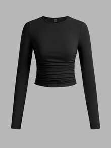 SHEIN EZwear 3件套女士休闲纯色圆领褶皱长袖T恤，秋冬 - 黑色 - 查看 4