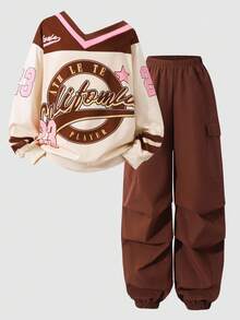Sparklyn 2pcs Tween Girls' Sporty Color Block Numeric Print Long Sleeve Knit Sweatshirt And Side Pocket Cargo Pants Set, Cool Girl Daily Outfit Fall Winter - Brown - View 3