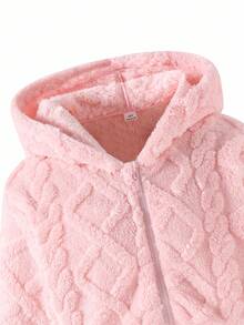 Sparklyn 1pc Girls Hooded Zip-Up Short Cardigan Jacket, Knitted Textured Fabric, Autumn Fall Winter - Pink - View 5