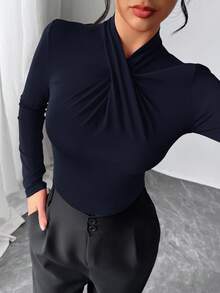 Firerie 优雅现代性感时尚休闲家居服百搭红色荷叶边领紧身衣，长袖紧身衣 - 藏蓝色 - 查看 7