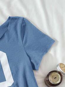 Áo thun ngắn tay in khẩu hiệu lệch vai màu xanh lam thường ngày cho bé gái, mùa xuân và mùa hè, mát mẻ, cơ bản, hàng ngày, đa năng, thời trang thể thao mùa hè, mùa tựu trường, đồng phục học sinh~ - Màu xanh lam - Xem 4