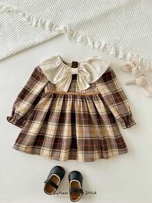 Cozy Pixies Baby Mädchen bunte karierte Kontrast Rundhals Langarm Taille geraffte Kleid, vielseitig & bequem