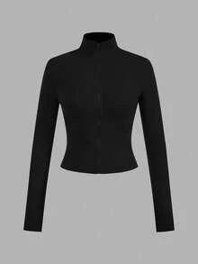 SHEIN EZwear 2 件黑色针织拉链长袖 T 恤，适合秋冬季 - 黑色 - 查看 9