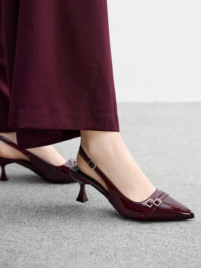 CUCCOO BIZCHIC Women's Pointed Toe Kitten Heel Burgundy Backstrap Slingback Pumps, Versatile For Daily Wear And Commute For Christmas