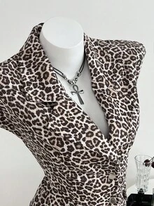 SHEIN Unity Women's Autumn/Winter Leopard Print Single-Breasted Deep V-Neck Fitted Vest Leopard Print Top - Multicolor - View 4