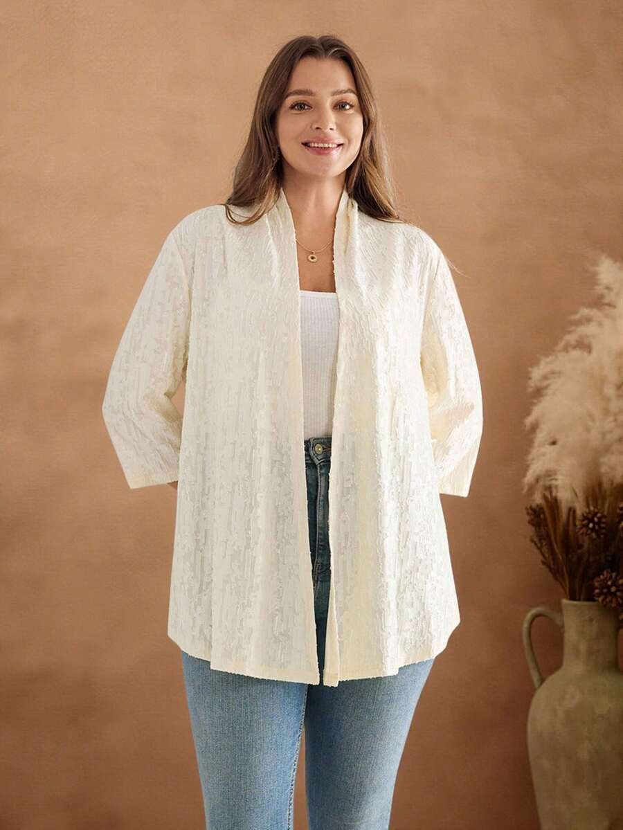 EMERY ROSE Plus Size Casual Solid Color Textured Jacket, Plus Size Lace Jacket, Plus Size Open Front Cardigan, Autumn - Apricot - View 1