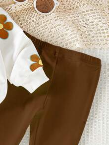 SHEIN Playful Pals 女嬰休閒可愛家庭套裝 花卉印花圓領衛衣與內搭褲套裝 秋冬款 棕色與黃色 深棕色 校園風 - 彩色 - 查看 6