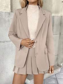 New Lapel Collegiate Style Slimming Fashion Long Sleeve Pleated Skirt Women's Suit Set - Khaki - View 4