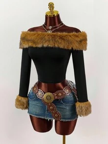 Amplova Áo thun dài tay hở vai cổ bẻ, thời trang và thanh lịch, thu/đông - Nhiều màu - Xem 2