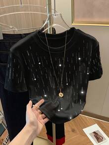 SuriyaCove Shiny Beaded + Rhinestone Embellished Women's Regular Short Sleeve Crew Neck T-Shirt - Black - View 3