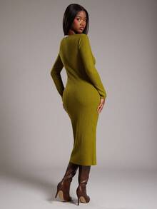 NYA SZN Đầm dài tay ôm sát bodycon dệt kim co giãn dệt kim mini xẻ tà cắt rời dệt kim gân dịp đặc biệt đám cưới khách hẹn hò ăn trưa quý tộc khiêm tốn thu đông thích hợp đi làm trang phục cho phụ nữ - màu xanh lá - Xem 2