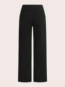 SHEIN EZwear 2 件套女士休闲高腰卷边阔腿直筒裤，适合夏季 - 黑色 - 查看 6