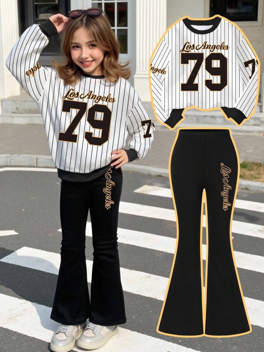 Bộ áo nỉ cổ tròn in chữ Collegiate 79 và quần ống loe thường ngày cho bé gái trở lại trường, trang phục đa năng cho mùa thu/đông - Nhiều màu - Xem 1