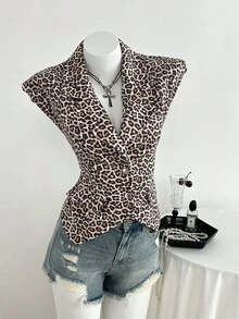 SHEIN Unity Women's Autumn/Winter Leopard Print Single-Breasted Deep V-Neck Fitted Vest Leopard Print Top - Multicolor - View 3