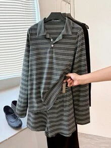 INAWLY 新款休闲运动条纹时尚长袖短裤两件套女式 - 灰色 - 查看 1