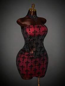 Amplova Y2K Amplova Cross Plus Size Sexy Fashion Bandeau Top And Mini Skirt 2 Pieces Set Halloween Dress Demon Dress Criss Cross Dress