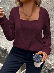 EMERY ROSE 女式柔软针织长袖休闲运动衫，加大码，秋冬 - 中紫紅色 - 查看 5