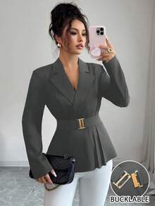 GlowEve 女式优雅缺口领收腰黑色西装外套 - 灰色 - 查看 3