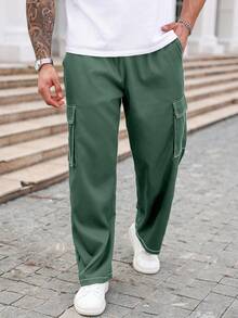 Manfinity Homme Plus Size Men's Casual Everyday Flap Pocket Loose Straight Leg Pants, For Fall - Dark Green - View 4