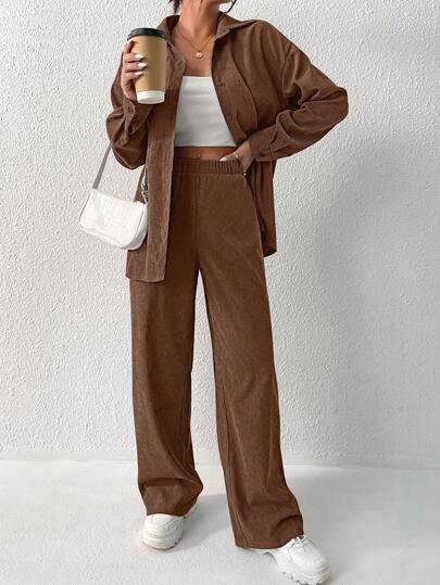 SHEIN Unity Solid Drop Shoulder Shirt & Pants Fall Cloth For Women