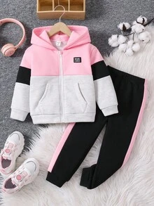 2pcs Young Girl Casual All-Match Athletic Hooded Jacket + Sports Sweatpants Set, Grey+Pink+Black Colorblock, Warm Lining, Zipper Front Pockets - Multicolor - View 3