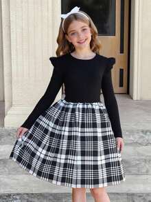 SHEIN Serisse Kids 女童圆领荷叶边盖袖撞色饰边 A 字连衣裙，格子印花荷叶边饰边连衣裙，适合秋冬日常穿着 - 黑色 - 查看 9