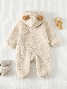 Cozy Pixies 男婴秋冬卡通图案保暖内衬连帽长袖连体衣，百搭舒适 - 杏色 - 查看 2