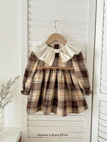 Cozy Pixies Baby Mädchen bunte karierte Kontrast Rundhals Langarm Taille geraffte Kleid, vielseitig & bequem