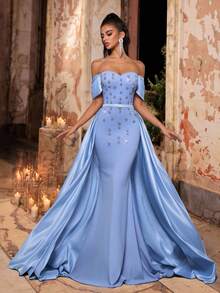 Glamrae Elegant Luxurious Blue Rhinestone Off-Shoulder Mermaid Dress With Detachable Ruffle Hem, Suitable For Weddings, Parties, Vacations, Galas, Formal Events (Heavy Embellishment) - Blue - View 7