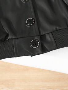 Áo khoác da PU cổ tròn tay dài màu nâu phong cách đường phố dành cho bé gái, thiết kế đơn giản với hàng nút viền đen đơn, túi giả, cổ tay và gấu áo có gân, áo khoác thời trang và thoải mái cho mùa xuân/thu - màu đen - Xem 4