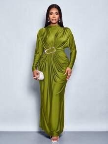 SOLERSUN Đầm ôm body dài tay trang trí kim loại màu trơn thanh lịch cho nữ trang phục dự tiệc cưới lãng mạn, tiệc tốt nghiệp, tiệc vũ hội - Màu xanh Ô liu - Xem 3