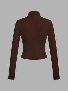 SHEIN EZwear 2pcs Dark Brown & Black Knit Zip-Up Long Sleeve T-Shirts For Women, Autumn/Winter - Multicolor - View 6