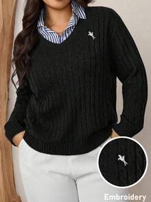 Zelara Plus Size Casual Versatile Embroidered Detail Sweater, Autumn/Winter - Black - View 1
