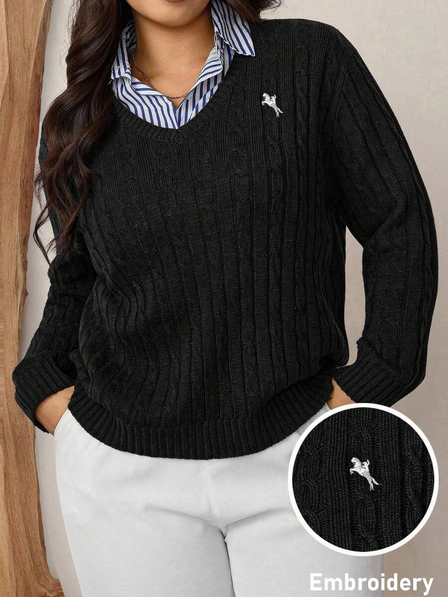 Zelara Plus Size Casual Versatile Embroidered Detail Sweater, Autumn/Winter - Black - View 1