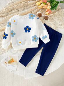 SHEIN Playful Pals 2pcs Baby Girls Casual Floral Print Crew Neck Sweatshirt And Leggings Set, Fashionable And Cute Outfit For Autumn Fall Winter