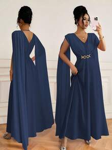 Elenzga 新款褶皱腰带装饰纽扣后腰带设计轻盈连衣裙，优雅大方，适合婚礼、节日、休闲场合 - 寶藍色 - 查看 6