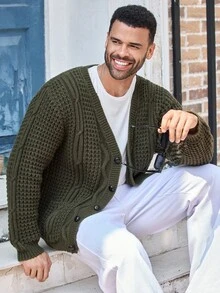 EASEVO Plus Size Men's Solid Color Long Sleeve Cardigan, For Fall Winter