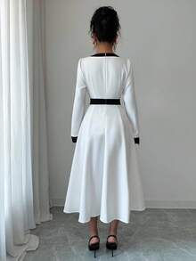 Franclia Gaun Elegan untuk Wanita dengan Desain Blok Warna dan Potongan Pinggang yang Rapi, Cocok untuk Musim Gugur. - Putih - View 2