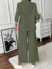 SHEIN Clasi Ensemble de costume 2 pièces femme, veste blazer à manches longues et pantalon de couleur unie, pour l'été - Militaire verte - Voir 2