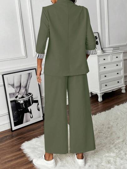 SHEIN Clasi Dames effen kleur lange mouwen blazer jas en broek 2-delige pakset, modieus voor de zomer