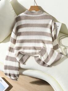 EMERY ROSE Casual Contrast Stripe Dropped Shoulder Loose Knit Sweater, Autumn Balloon Sleeve Sweater Striped Sweater Women Striped Sweater Striped Long Sleeve Sweater