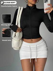 Dewbera Dewbera Women's Solid Color Minimalist Long Sleeve Zip-Up Sports Jacket - Black - View 3