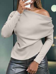 INAWLY Solva Áo thun nữ tay dài cổ bất đối xứng màu trơn thời trang xếp nếp - Màu be - Xem 3