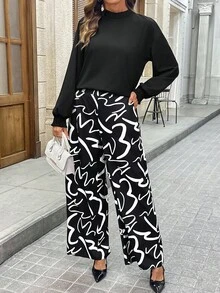 SHEIN LUNE طقم ملابس علوية شيفون + بنطلون واسع الساق بطبعة تجريدية - متعدد الألوان - مشاهدة 3